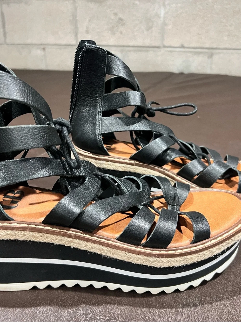 GB Black Gladiator Wedge Sandals Lace Up Zipper Leather Upper Rubber Sole Women